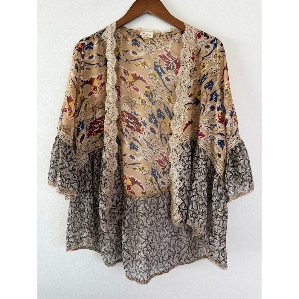 POL Womens Floral Mixed Print Kimono Cardigan Lace Trim Bell Sleeve Tan Small - Picture 3 of 9